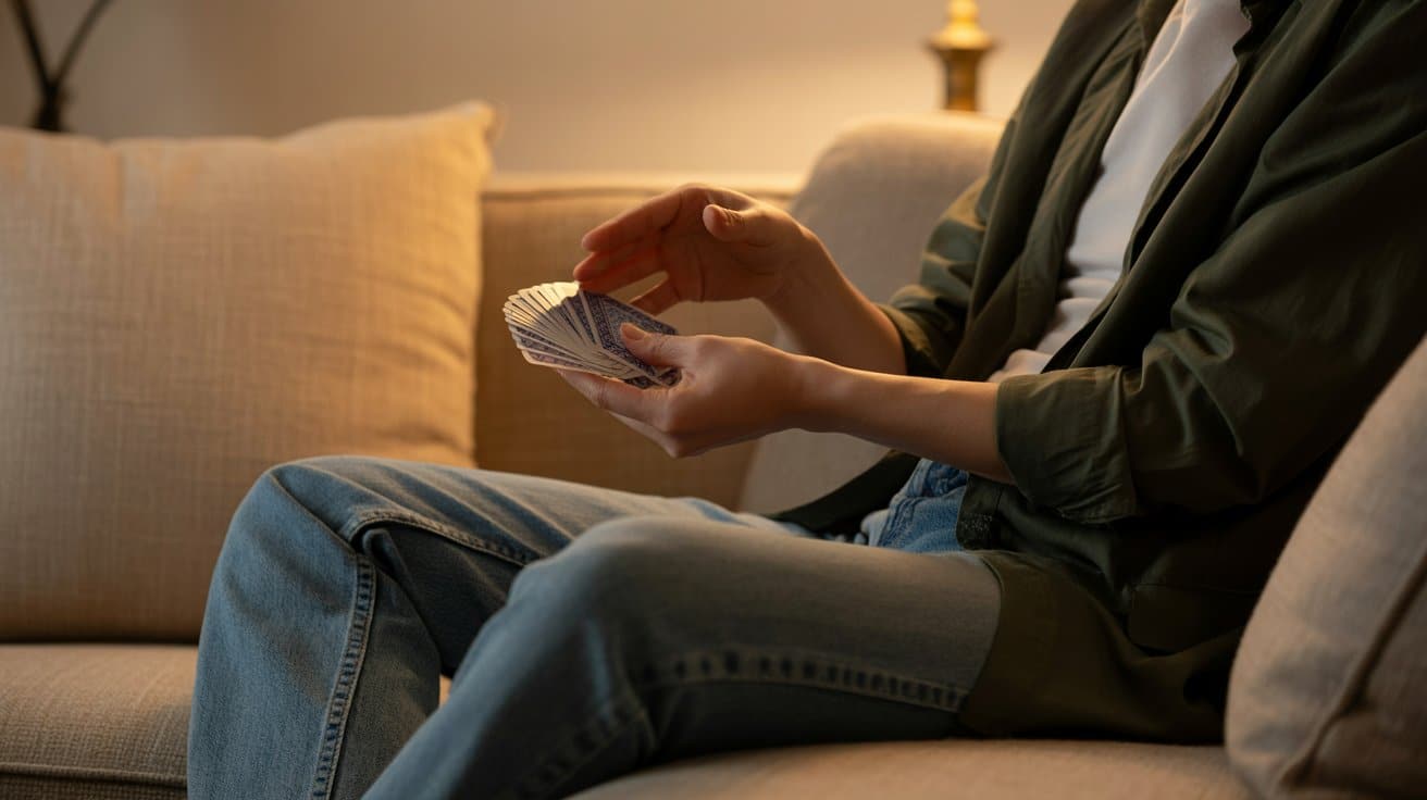 Osoba miješa špil karata sjede?i opušteno na kau?u u toplom svjetlu