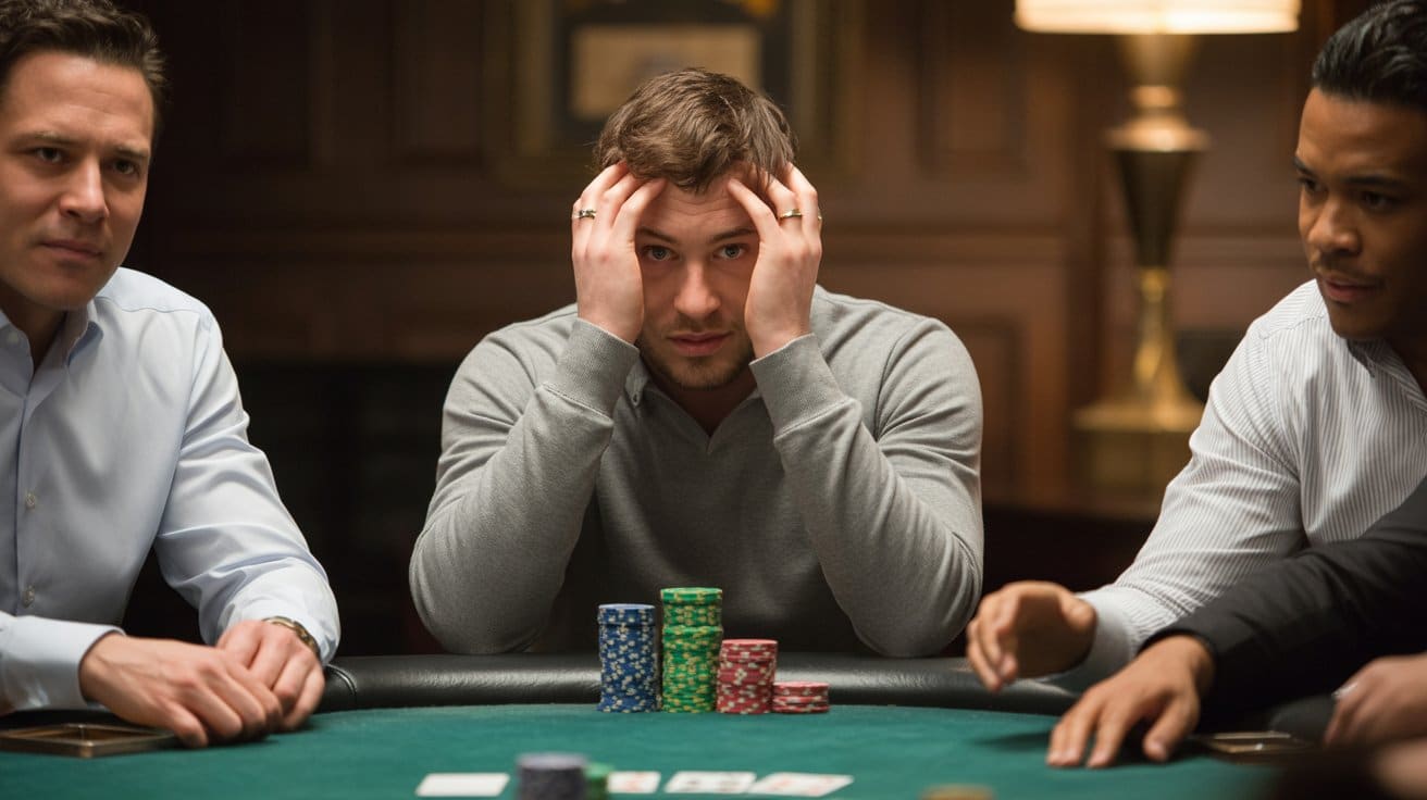 Tri poker igra?a sjede za stolom, dok srednji igra? drži glavu rukama u stresu, ispred njega složeni žetoni i karte na zelenom poker stolu.