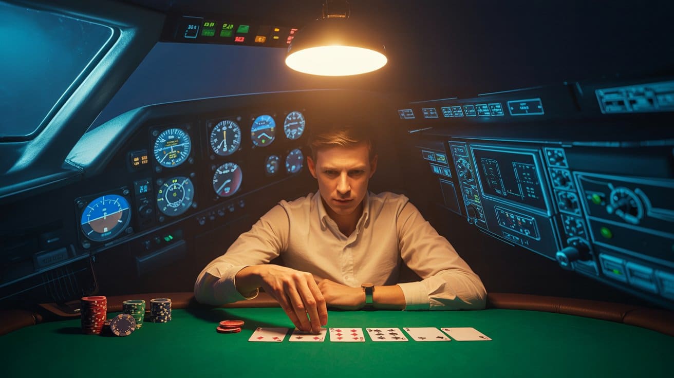 Igrač sjedi za poker stolom okružen avionskim instrumentima, fokusiran na karte i čipove pod toplim svjetlom.