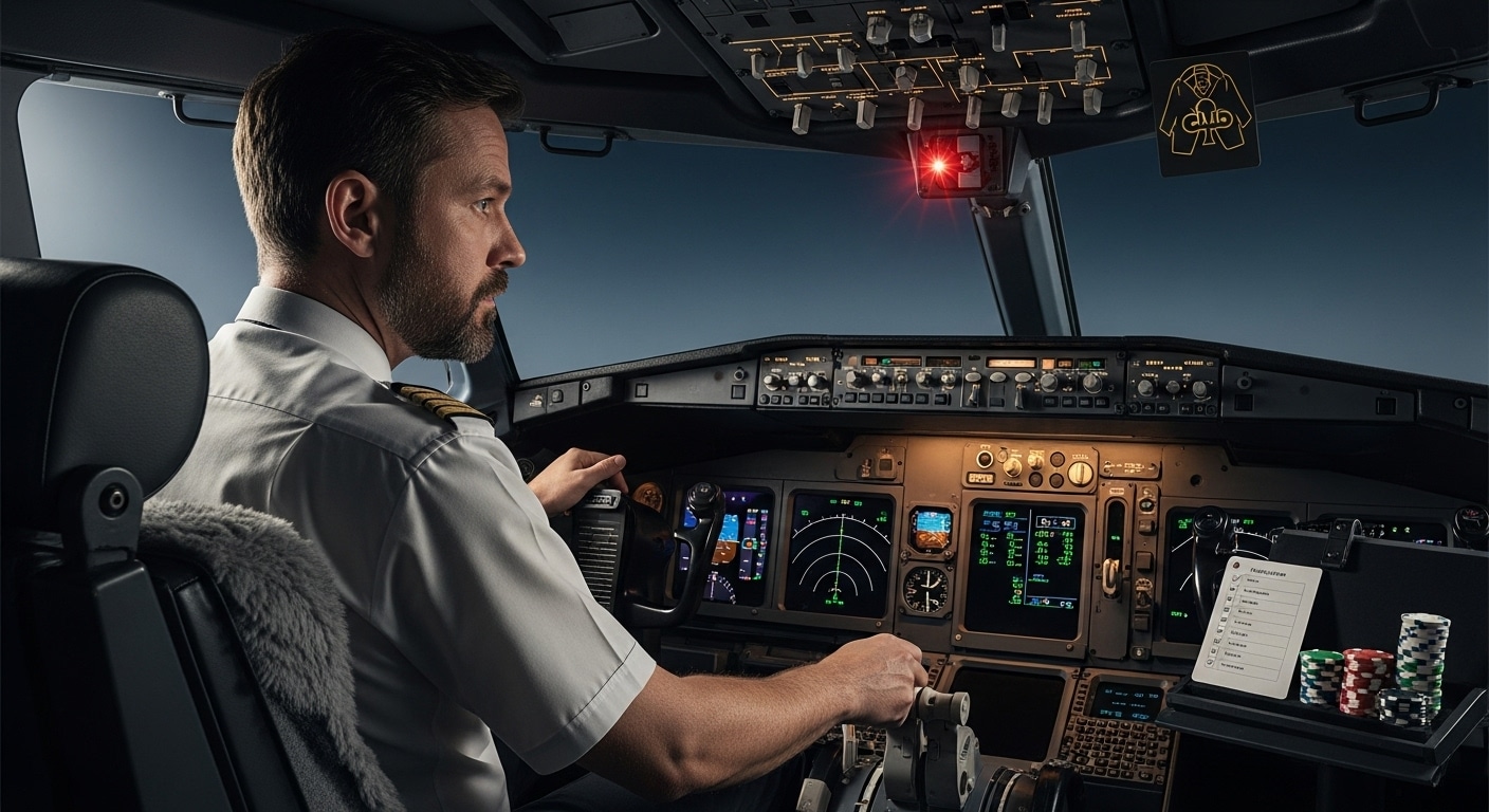 Pilot u kokpitu upravlja komandama aviona sa poker čipovima i check-listom pored instrumenata.