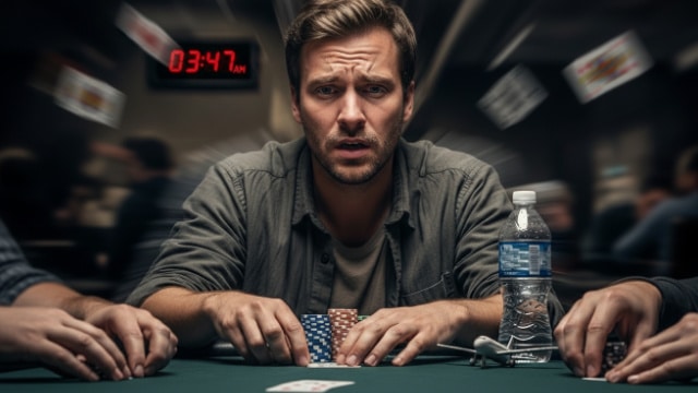 Umoran igrač sa zabrinutim izrazom lica sjedi za poker stolom kasno noću, sat pokazuje 3:47.