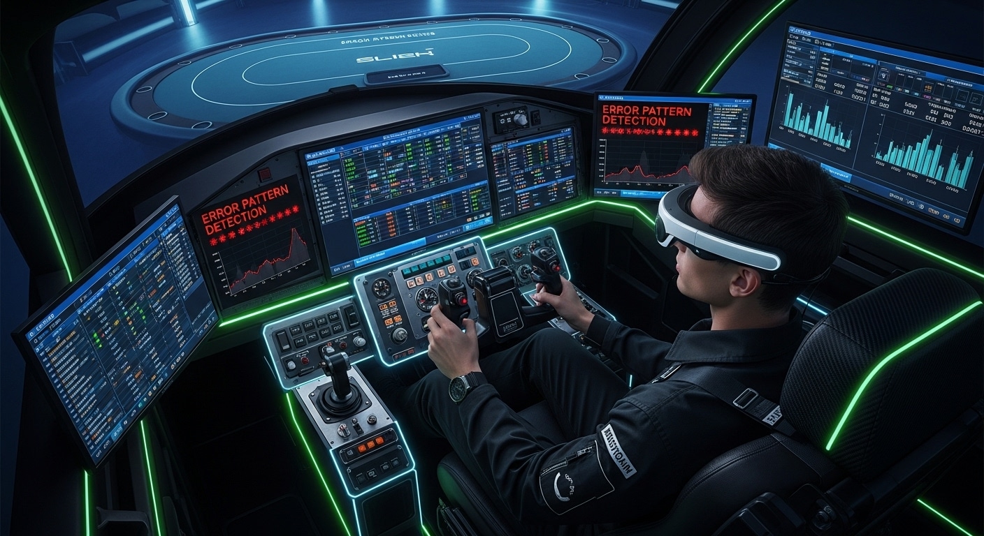 Igrač sa VR naočalama sjedi u futurističkom kontrolnom centru okružen ekranima koji prikazuju detekciju grešaka i analitičke podatke, sa poker stolom u pozadini.