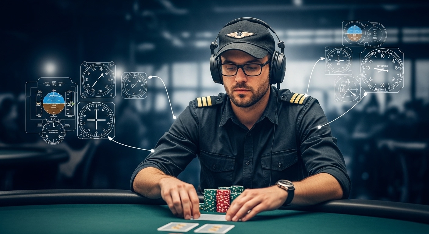 Pilot sa slušalicama i pilotskom kapom igra poker za zelenim stolom, okružen hologramskim prikazima avionskih instrumenata.