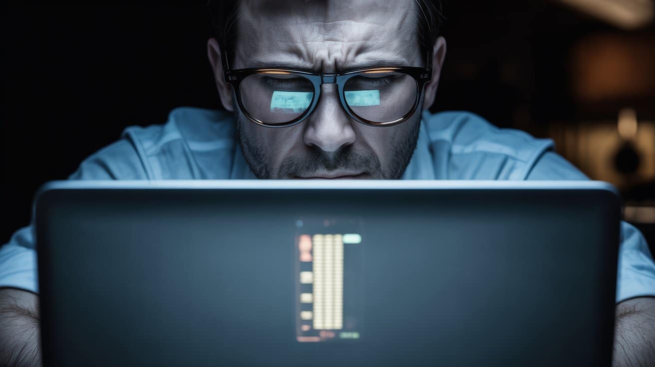 Muškarac s naočarima koncentrirano gleda u ekran laptopa na kojem je vidljivo poker sučelje s tabelom rezultata.