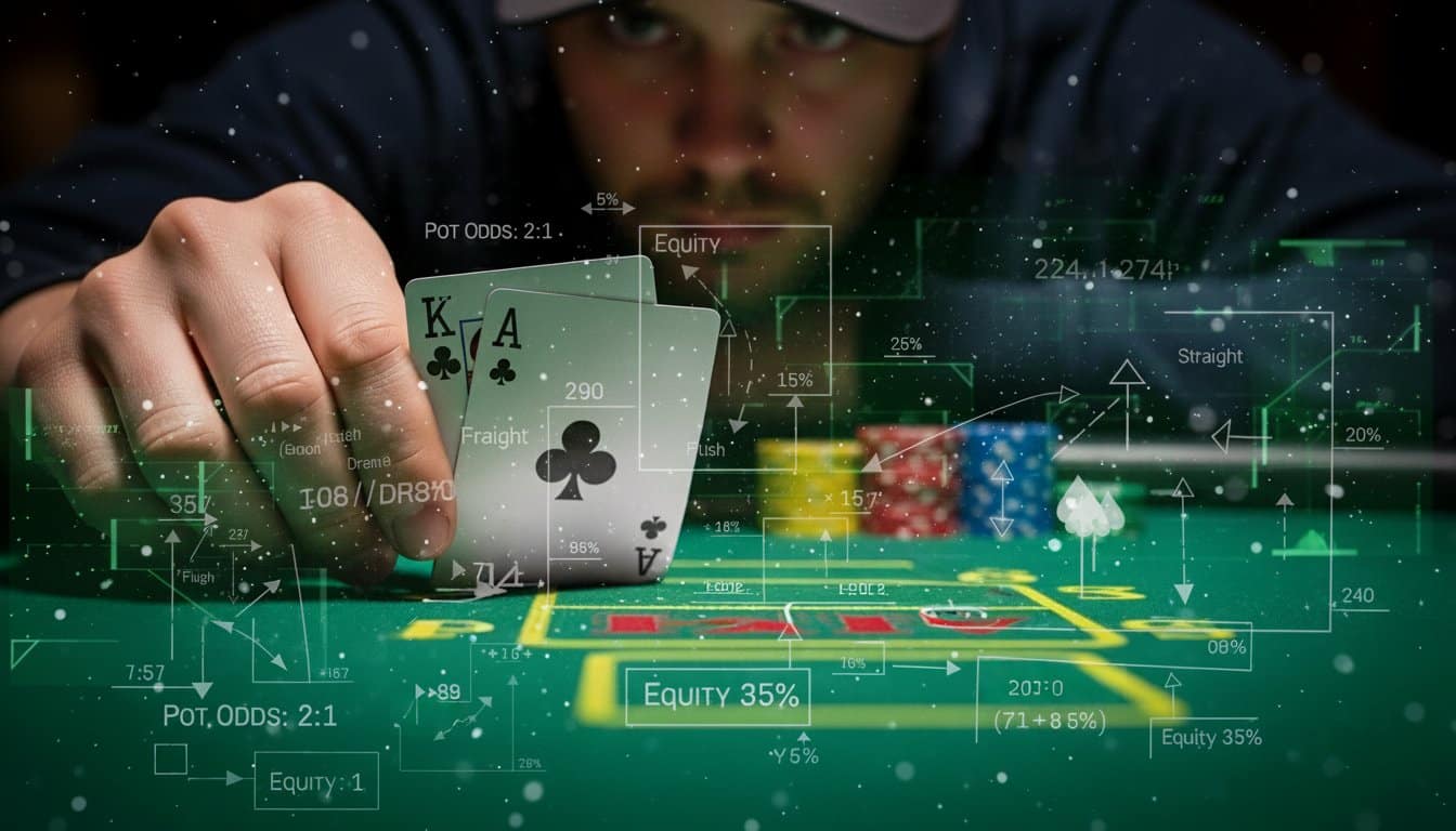 Igrač pokera drži karte King i Ace uz grafičke prikaze pot oddsa, equityja i statističkih podataka kao vizualni prikaz matematičke analize igre.