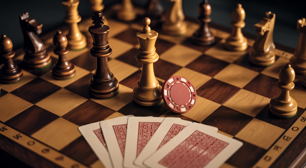 Drvena šahovska tabla s figurama i poker žetonom te lepezom karata, ilustracija sličnosti između šaha i pokera kao igara strategije.