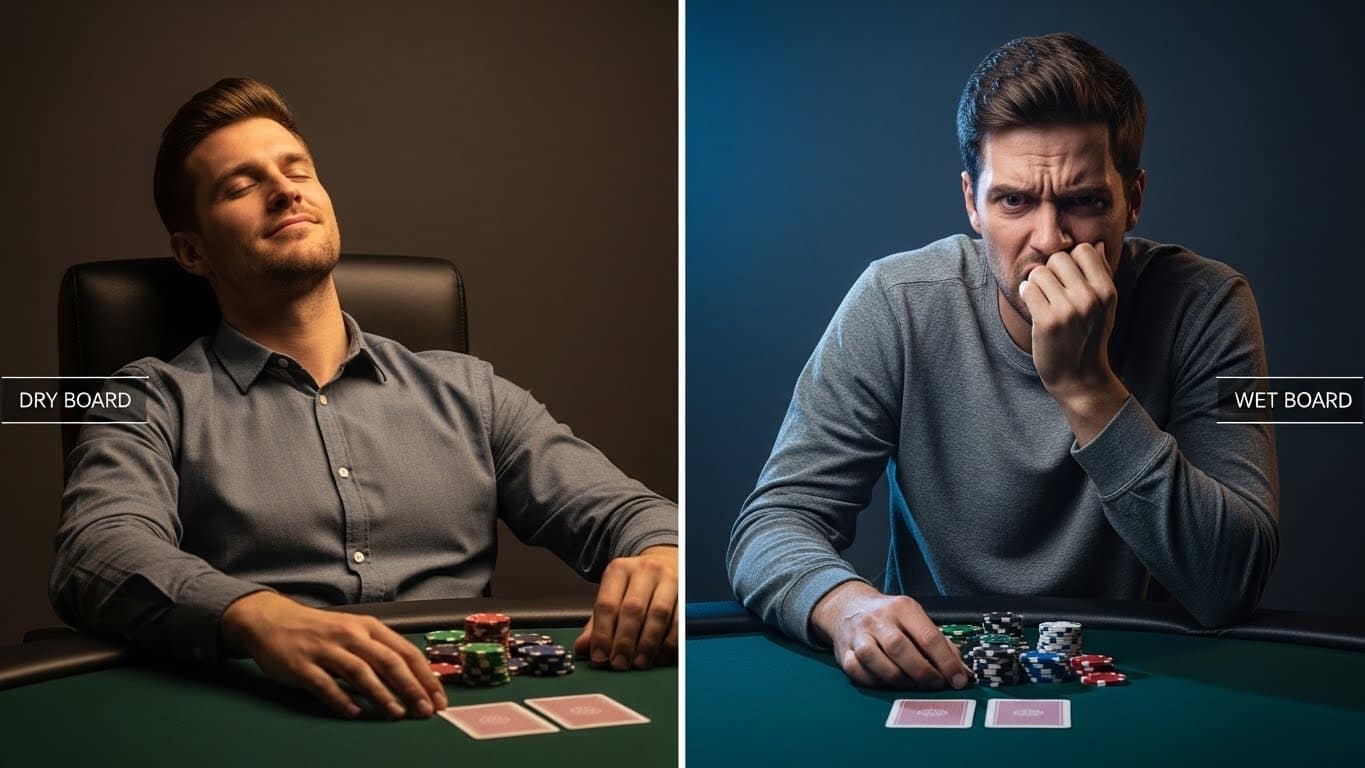 Igrač za poker stolom pokazuje opuštenu reakciju na suhoj ploči, nasuprot zabrinutom igraču koji analizira mokru ploču.