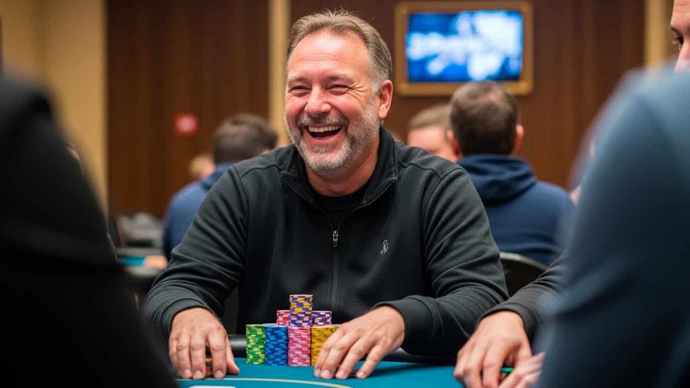 Nasmiješeni igrač sjedi za poker stolom s hrpom žetona ispred sebe, u opuštenoj atmosferi poker turnira.
