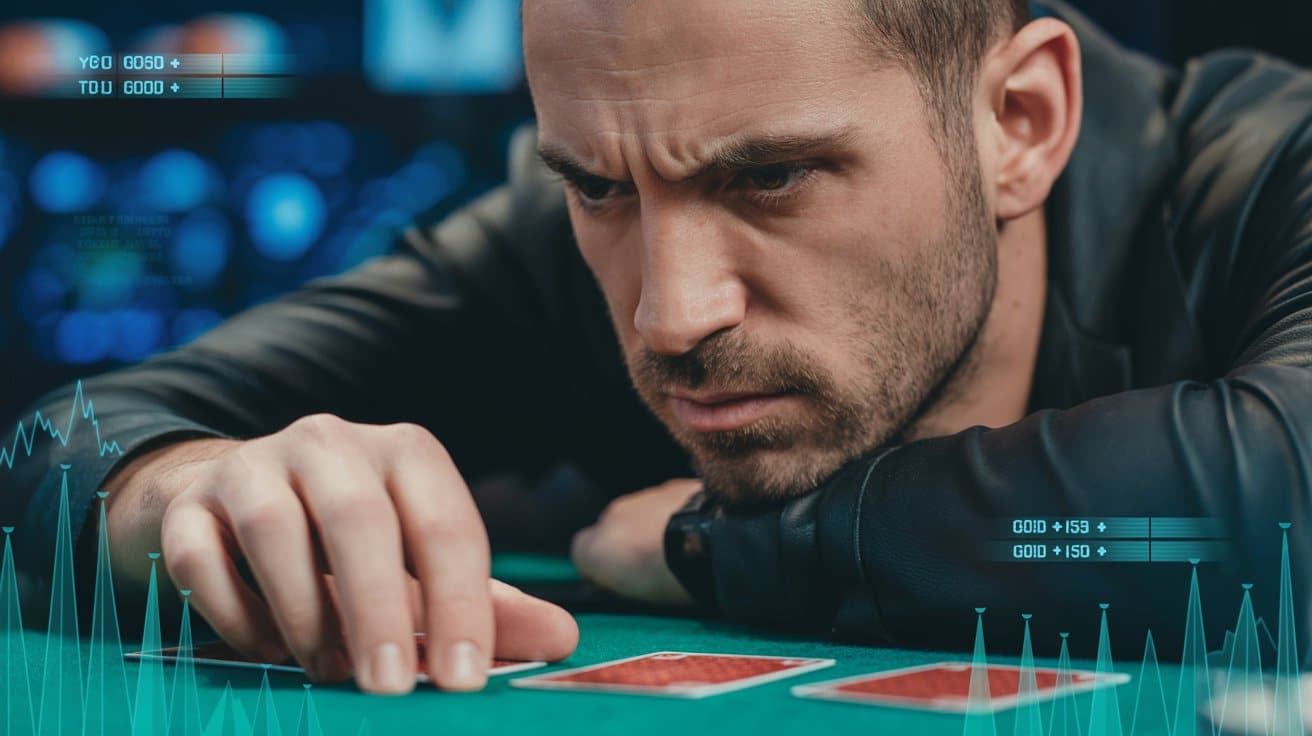 Igrač pokera se intenzivno fokusira na karte ispred sebe dok digitalni grafikoni prikazuju analizu njegovih poteza.