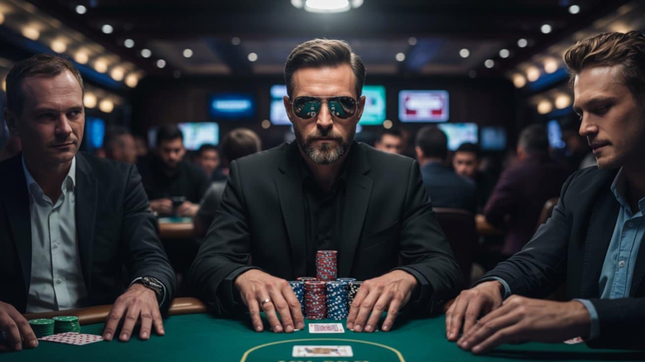 Poker igrač s naočalama sjedi za zelenim stolom okružen žetonima i protivnicima u prepunoj dvorani turnira.