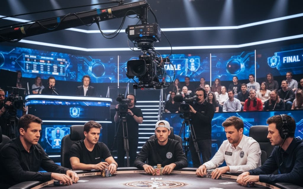 Igrači pokera oko finalnog stola na televizijskom turniru okruženi kamerama, ekipom i LED ekranima u plavom studijskom ambijentu.