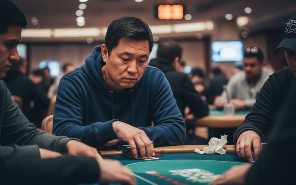 Igrač pokera u plavoj majici s kapuljačom razmatra potez za zelenim stolom na prepunom kasino turniru.