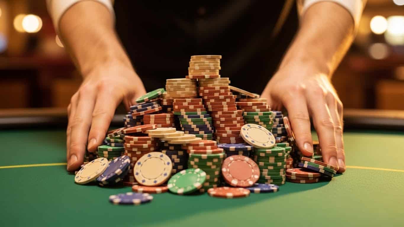 Dvije ruke skupljaju veliku hrpu poker žetona različitih boja na zelenoj podlozi poker stola.