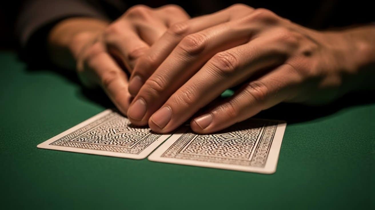 Igrač drži dvije karte licem prema dolje na zelenoj podlozi poker stola, zaštićujući svoje hole kartice.