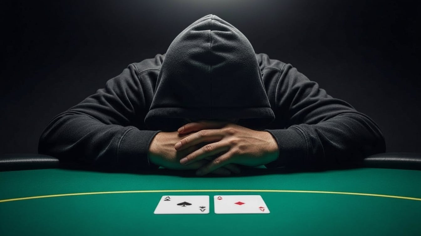 Igrač s kapuljačom spušta glavu na poker stol pored dvije karte asa, prikazujući razočaranje zbog izgubljene ruke.