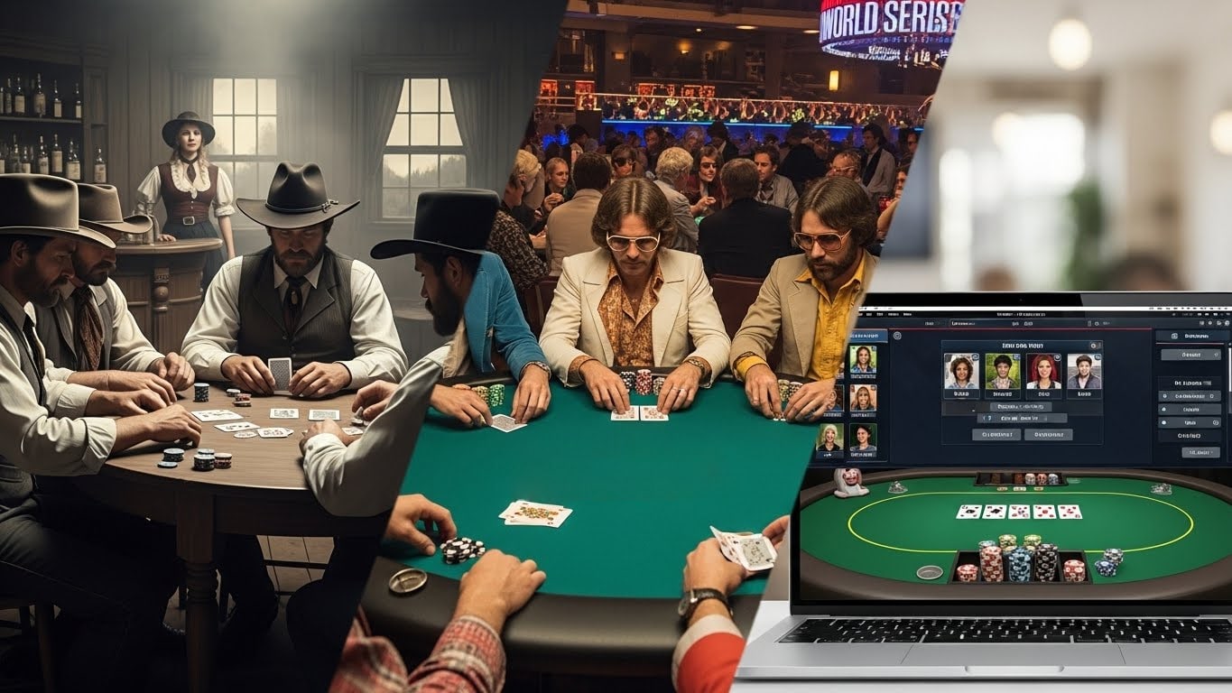 Kolaž koji prikazuje evoluciju pokera: od divljeg zapada i live turnira do modernog online pokera na laptopu.