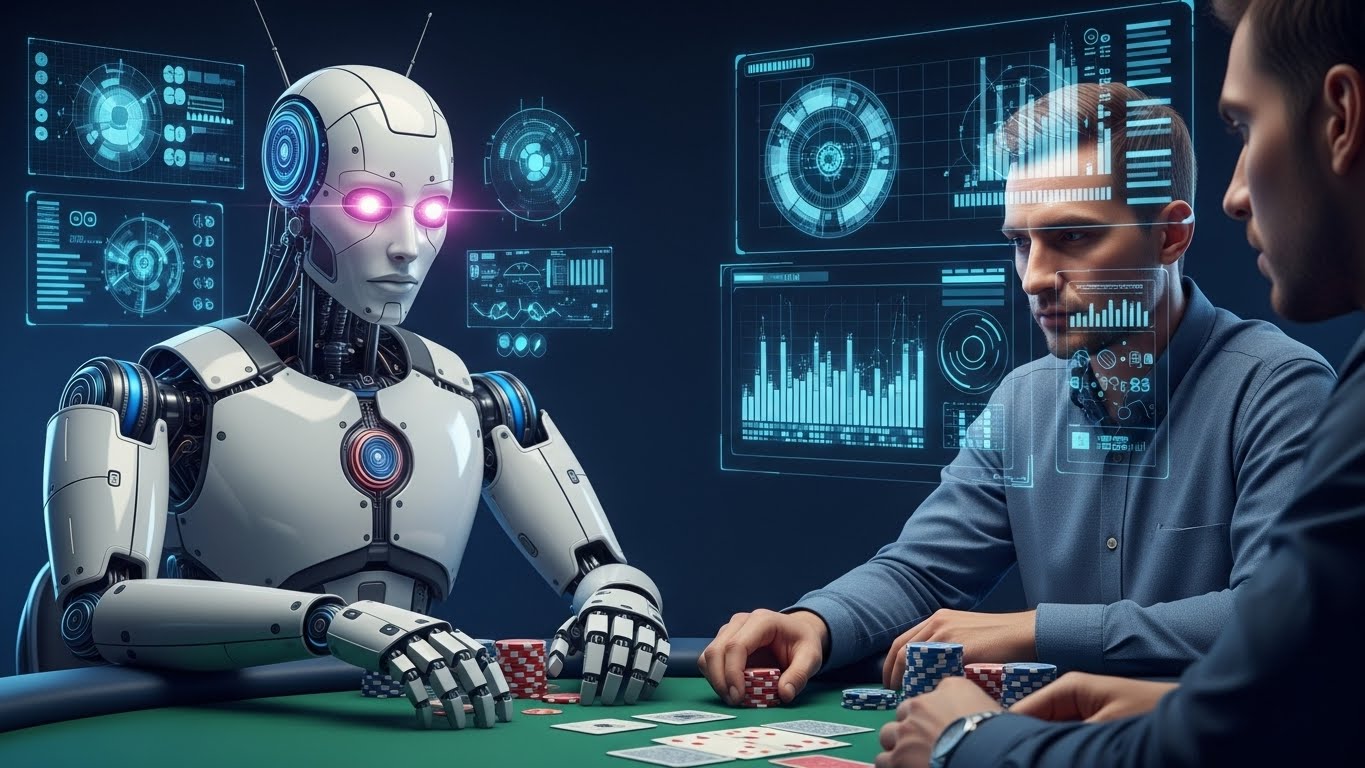Humanoidni robot s rozim očima igra poker protiv čovjeka uz hologramske ekrane s podacima u pozadini.