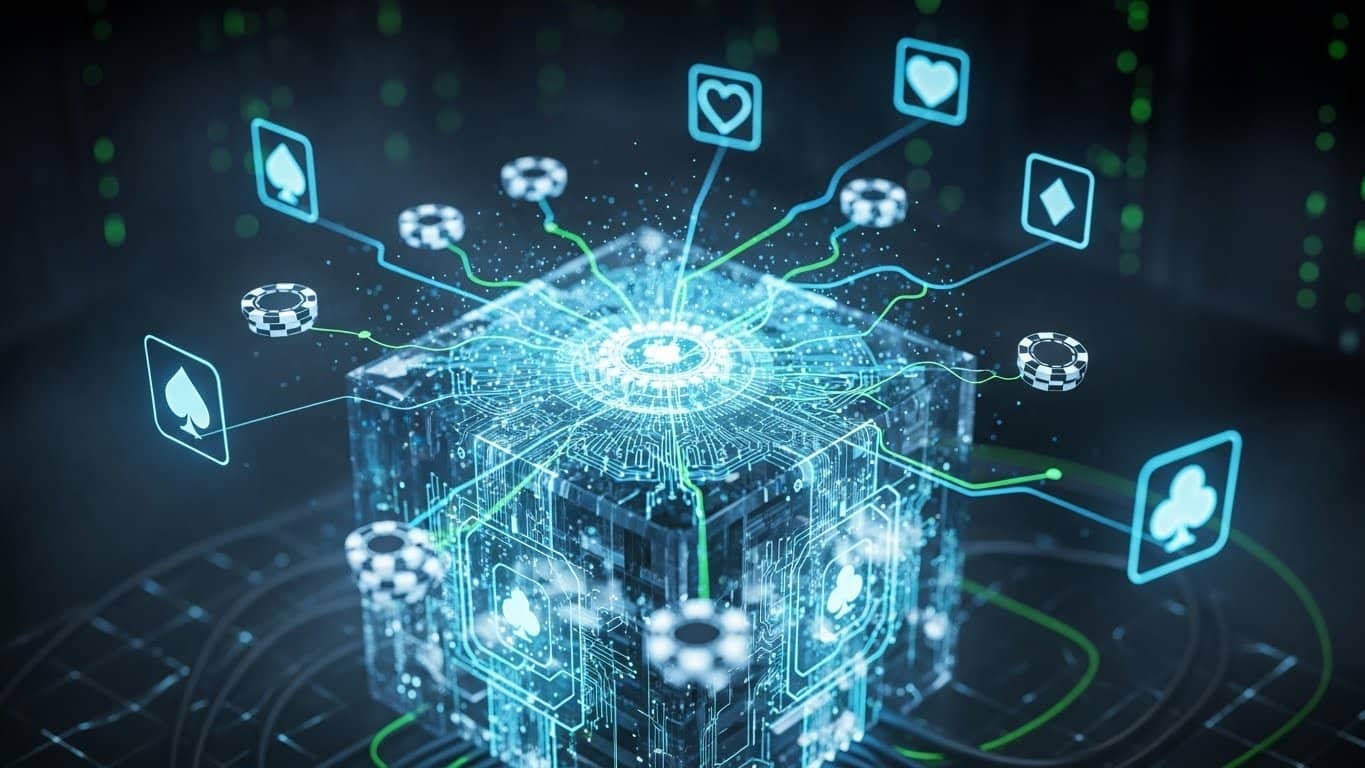 Digitalna kocka s poker simbolima — pikovi, herc, karo i tref — povezana hologramskim žicama u futurističkom okruženju.