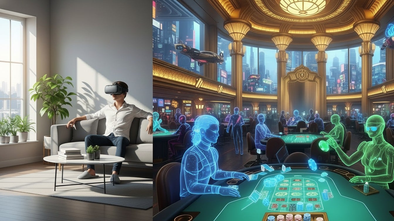 Muškarac s VR naočalama u dnevnoj sobi ulazi u virtualni poker kazino s hologramskim avatarima za stolom.