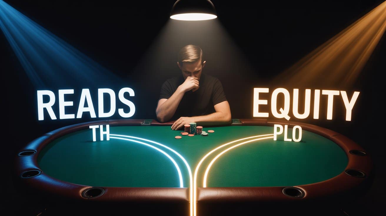 Igrač razmišlja za poker stolom dok neonske linije dijele sto na dvije strane označene riječima "Reads" i "Equity".
