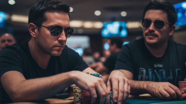 Dva poker igrača s naočalama sjede za stolom u kazinu, s žetonima ispred njih.