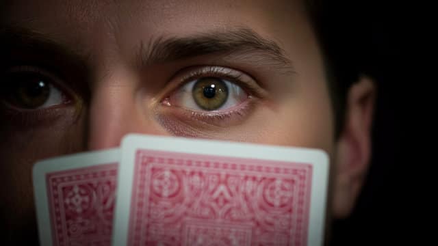 Krupni plan muških očiju iznad karata za poker, s intenzivnim pogledom usmjerenim prema naprijed.