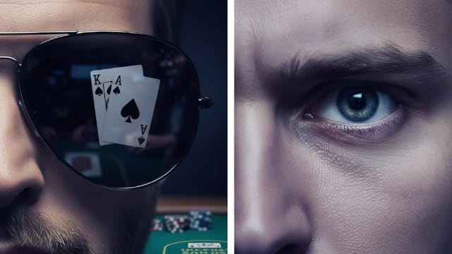 Dvodijelna slika: naočale s odrazom karata as i kralj na lijevoj strani, i krupni plan plavog oka na desnoj.