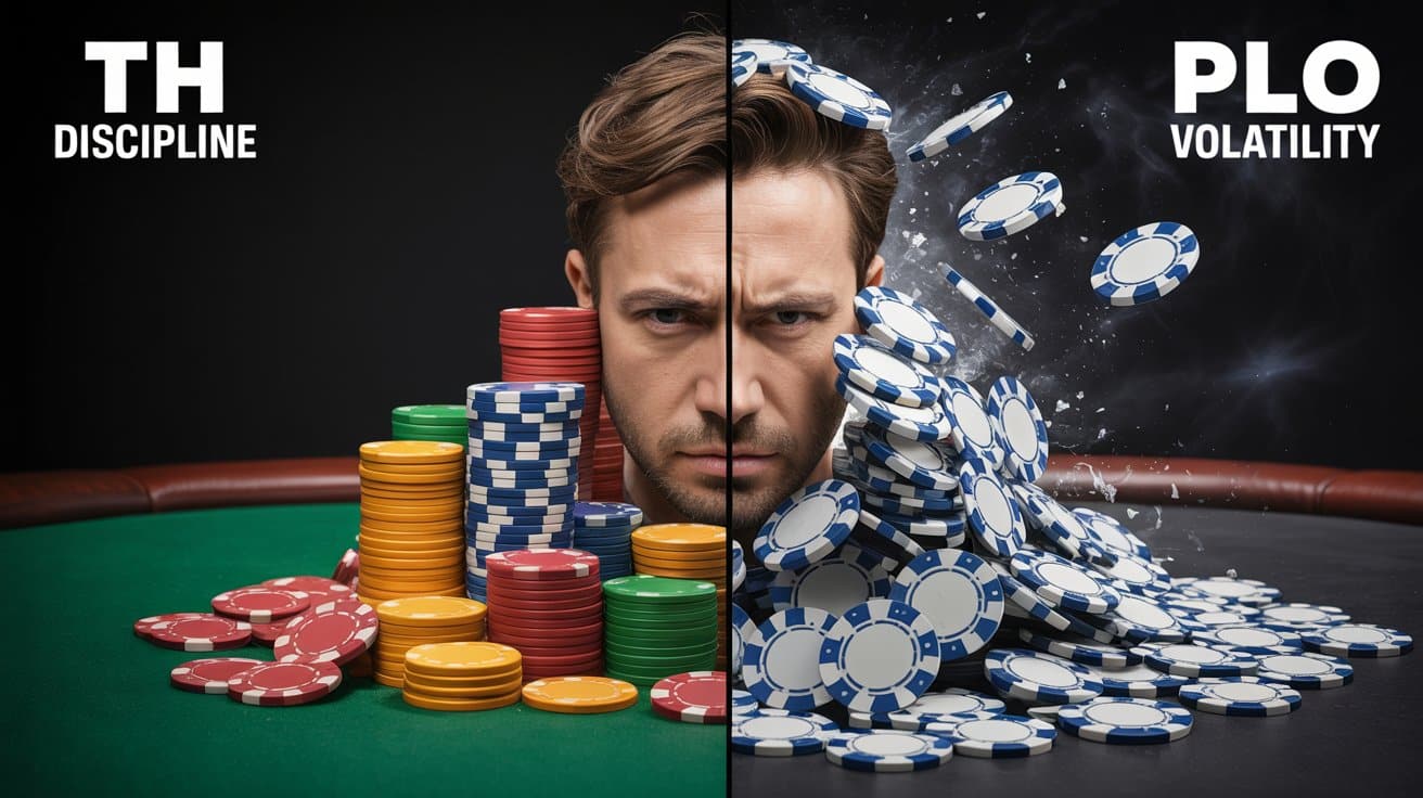 Vizualna podjela lica igrača na dva dijela: lijeva strana simbolizira disciplinu s uredno složenim čipovima, desna volatilnost s čipovima u haosu.