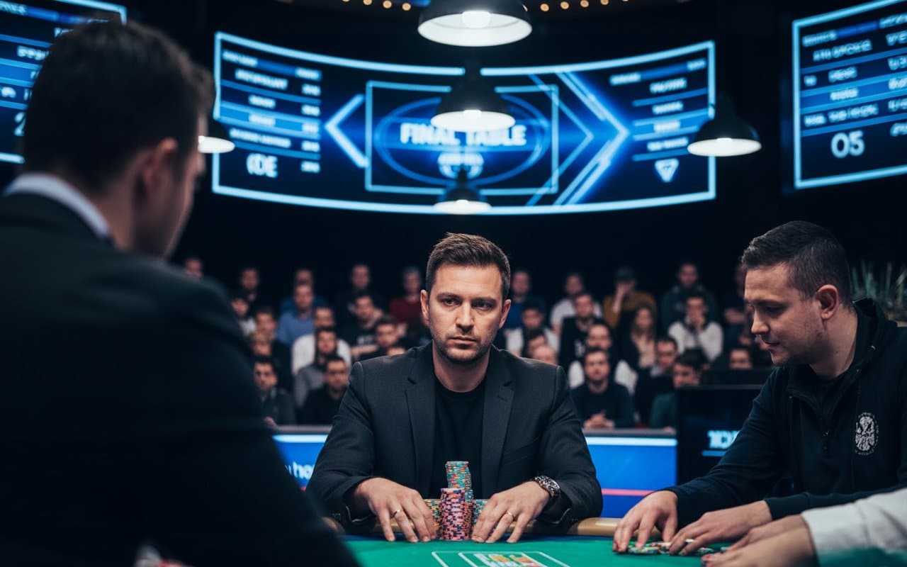 Koncentrisani igrač pokera za finalnim stolom na televizijskom turniru gleda prema protivniku, ispred velikih LED ekrana i publike.