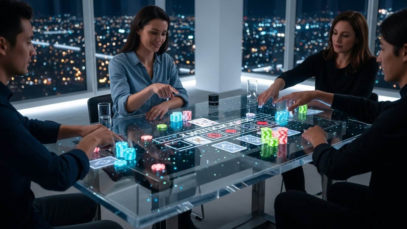 Četiri igrača igraju poker za prozirnim hologramskim stolom s osvjetljenim žetonima u modernom prostoru s pogledom na grad noću.Sonnet 4.6