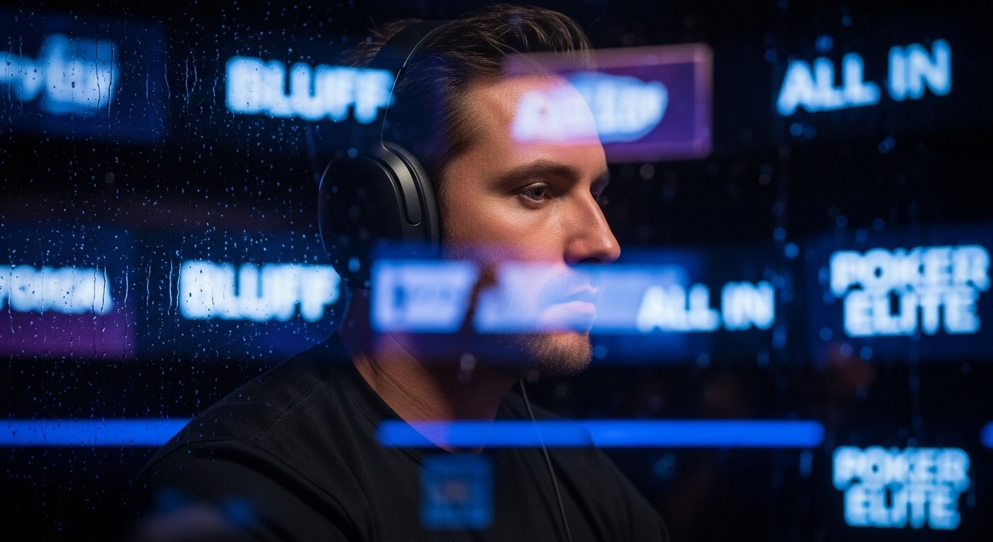 Profesionalni poker igrač sa slušalicama koncentrisan tokom online turnira, okružen neonskim natpisima.