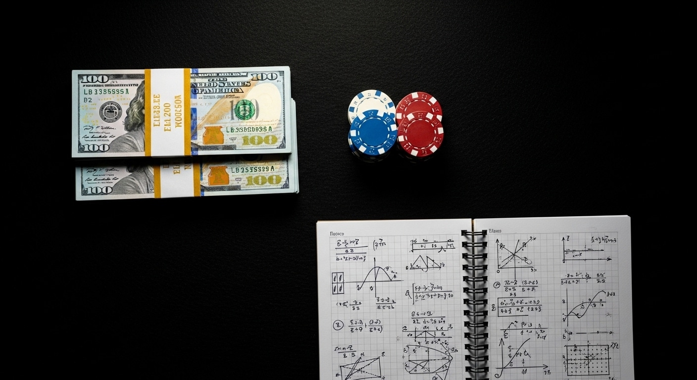 Odozgo snimljeni novčanice, poker žetoni i bilježnica s matematičkim formulama na crnoj podlozi.