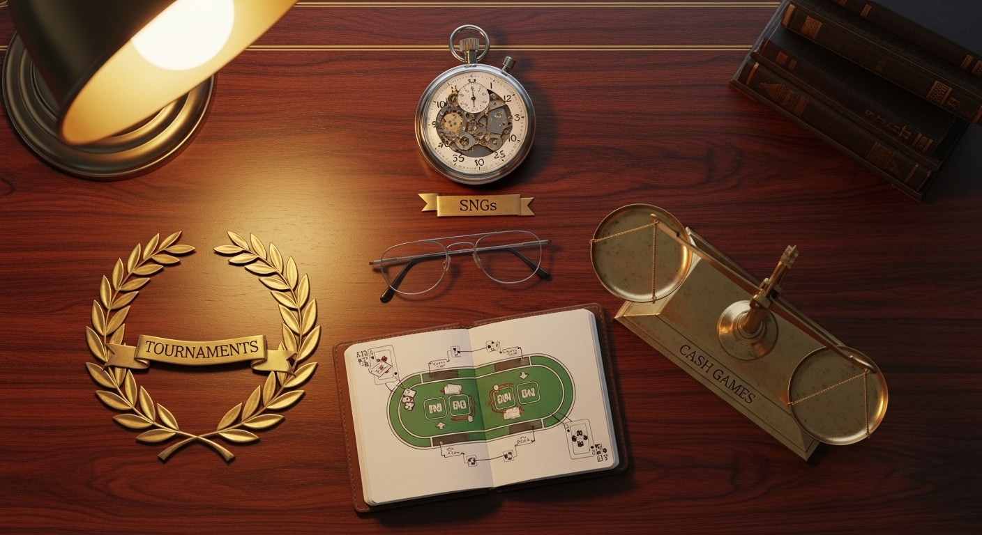Ilustracija koja simbolizira tri formata poker igre: zlatni lovorov vijenac s natpisom "Tournaments", mehanički džepni sat pored oznake "SNGs" i zlatna vaga s natpisom "Cash Games", raspoređeni na drvenom stolu uz otvorenu bilježnicu s nacrtom poker stola.