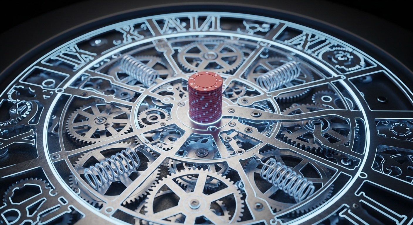 Crveni stack poker žetona postavljen u centar složenog mehaničkog mehanizma nalik unutrašnjosti sata, s naznakom simbola karata uzduž vanjskog ruba – vizualna metafora za preciznost i strukturu poker strategije.