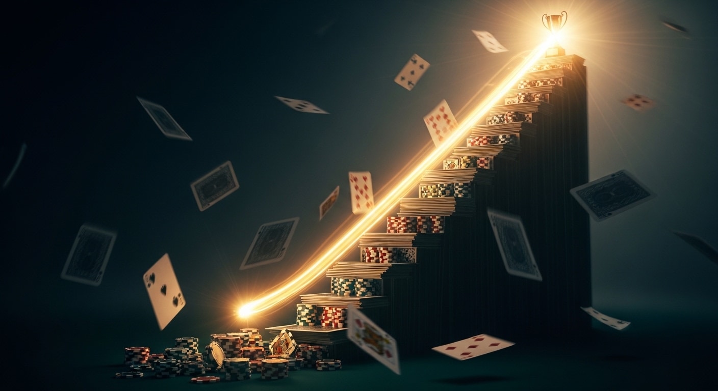 Stepenice izgrađene od poker žetona i karata vode prema trofej na vrhu, s užarenom linijom koja simbolizira napredak igrača prema pobjedi u turniru.