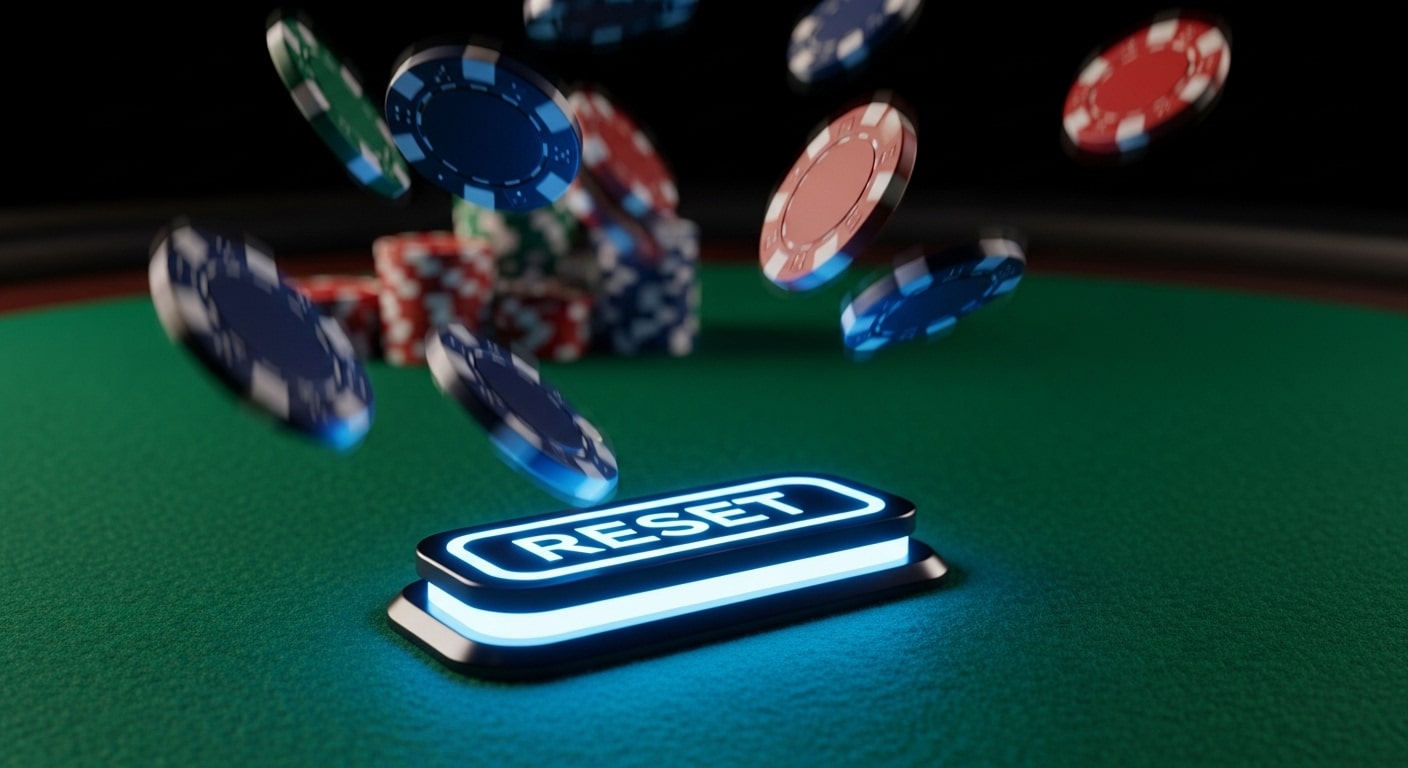 Svijetleće dugme s natpisom "RESET" na zelenoj poker podlozi okruženo čipovima koji padaju, kao vizualni simbol mentalnog resetovanja pri promjeni stola u MTT-u.
