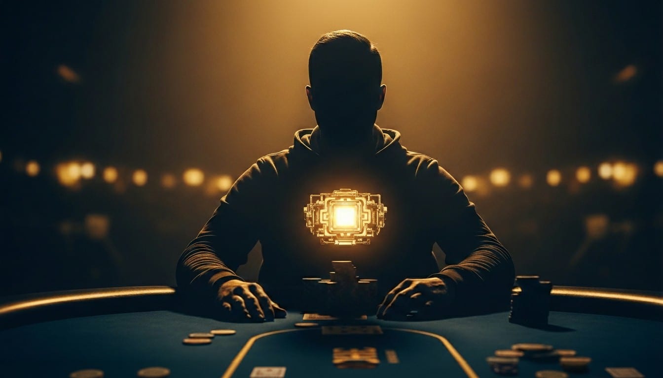 Silueta poker igrača za stolom s hologramskim procesorom koji sijа na grudima, ilustrujući ideju mentalnog fokusa i kognitivne kontrole u turnirskom pokeru.