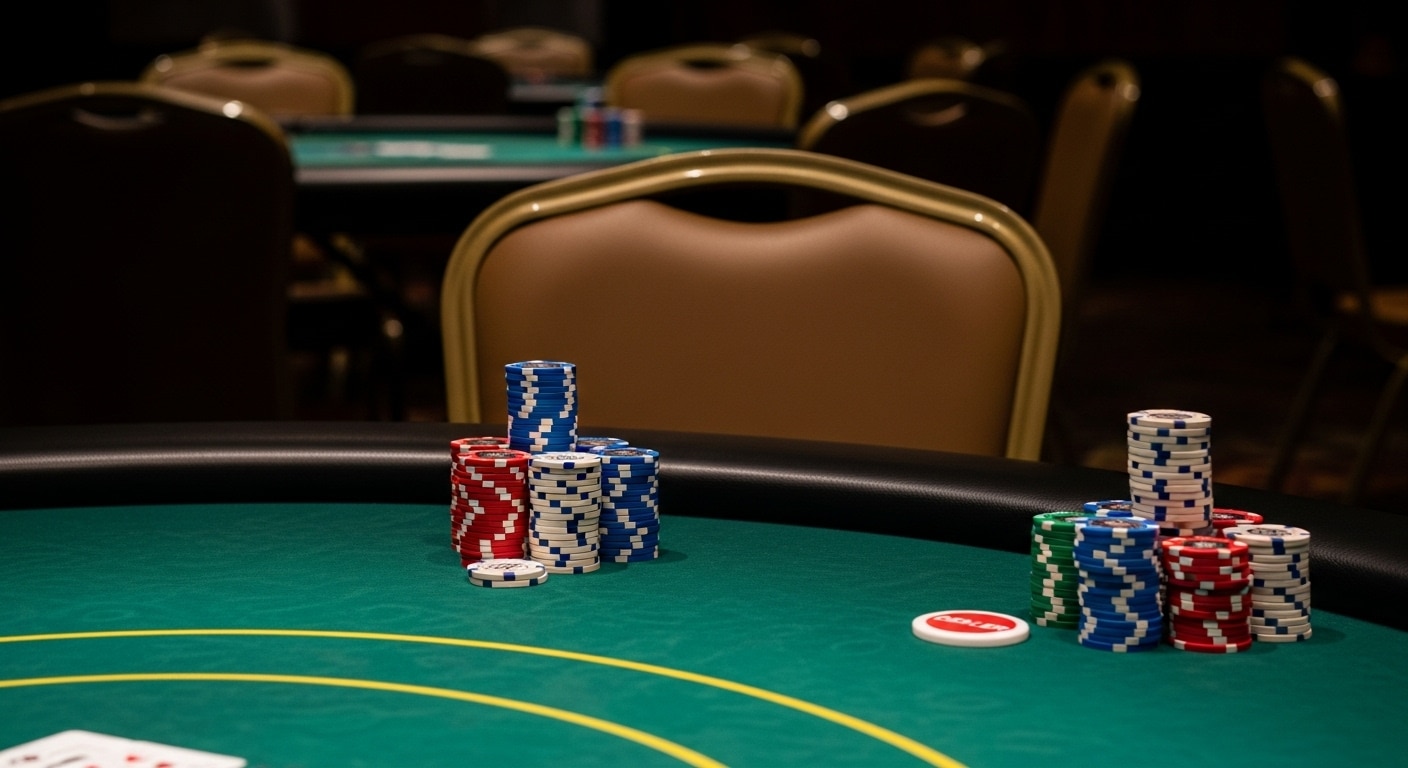 Prazan poker stol sa složenim hrpama čipova u tihoj sali kasina, spreman za novu rundu igre.