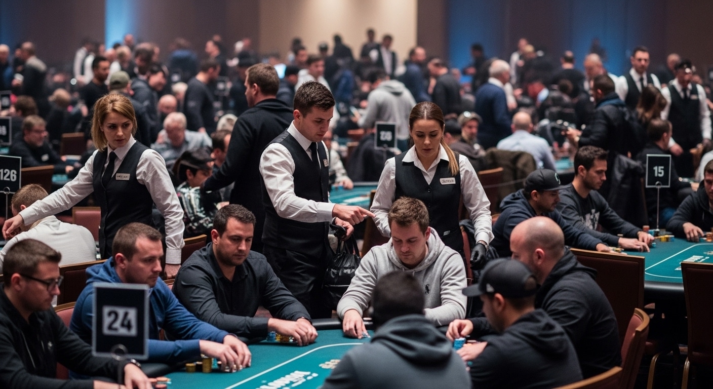 Prepuna sala poker turnira s dealerima koji opsluživaju više stolova istovremeno, dok igrači igraju koncentrisano.