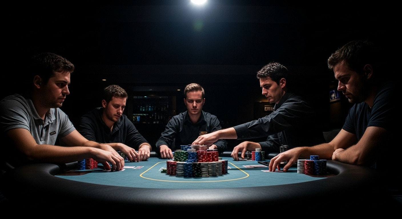 Četiri igrača za tamnim poker stolom pod reflektorom fokusirani su na veliku hrpu čipova u centru stola.