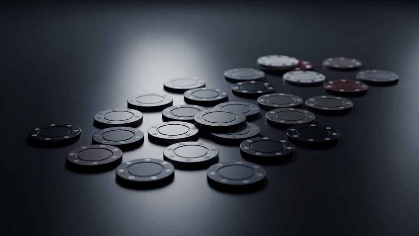 Poker žetoni različitih boja rasuti po tamnoj podlozi u studijskoj 3D vizualizaciji.