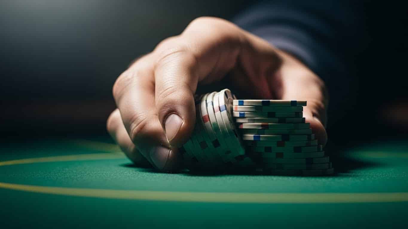 Ruka igrača obuhvata stog žetona na zelenoj podlozi poker stola.