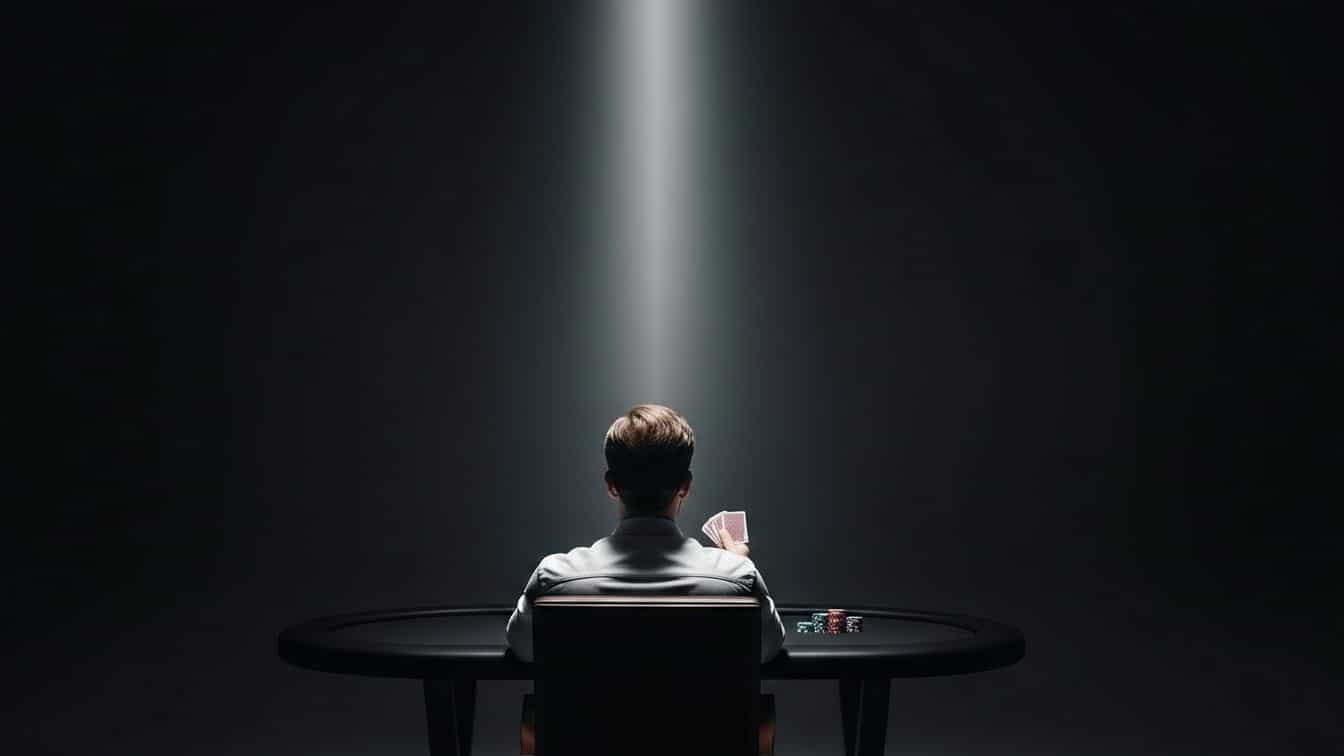 Igrač sjedi sam za okruglim poker stolom pod snopom svjetlosti, s kartama u ruci i žetonima na stolu.