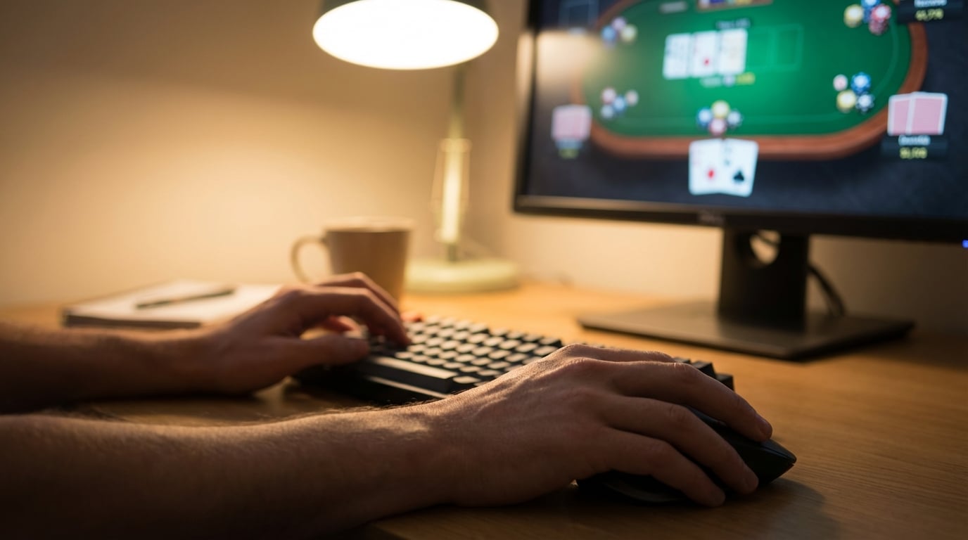 Krupni kadar ruku na tastaturi i mišu dok je u pozadini, na monitoru, otvorena partija pokera sa žetonima i kartama na stolu.