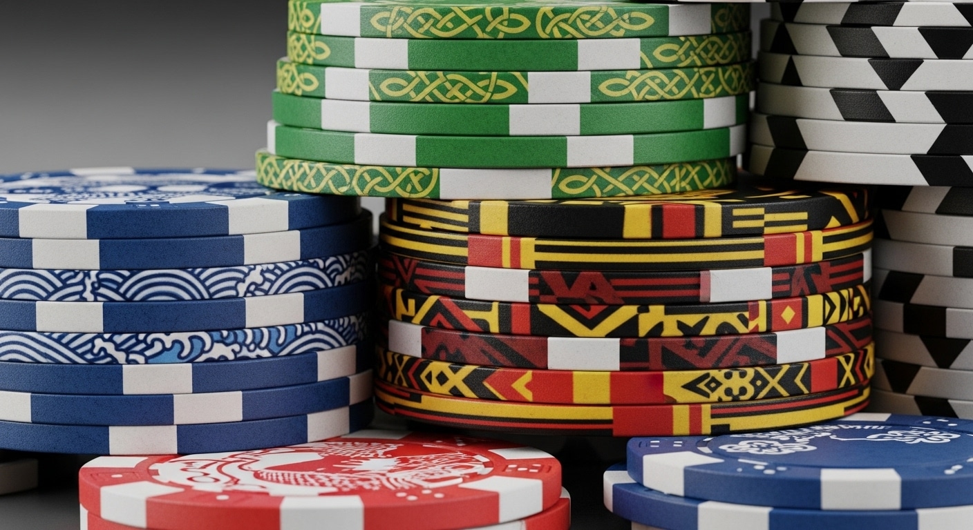 Žetoni za poker ukrašeni motivima različitih kultura složeni u nekoliko kolona na tamnoj podlozi.