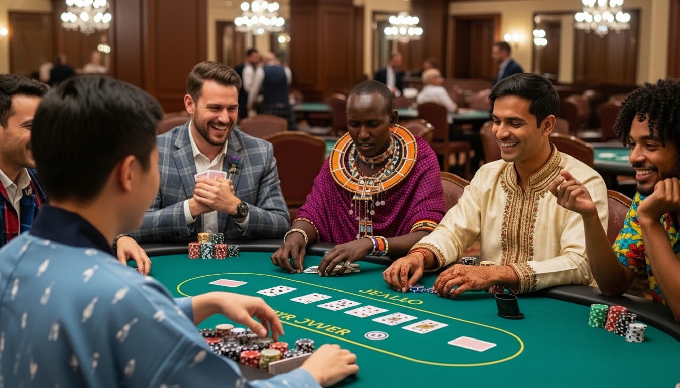 Igrači iz različitih kultura sjede za poker stolom u elegantnom kazinu, smijući se i igrajući zajedno.