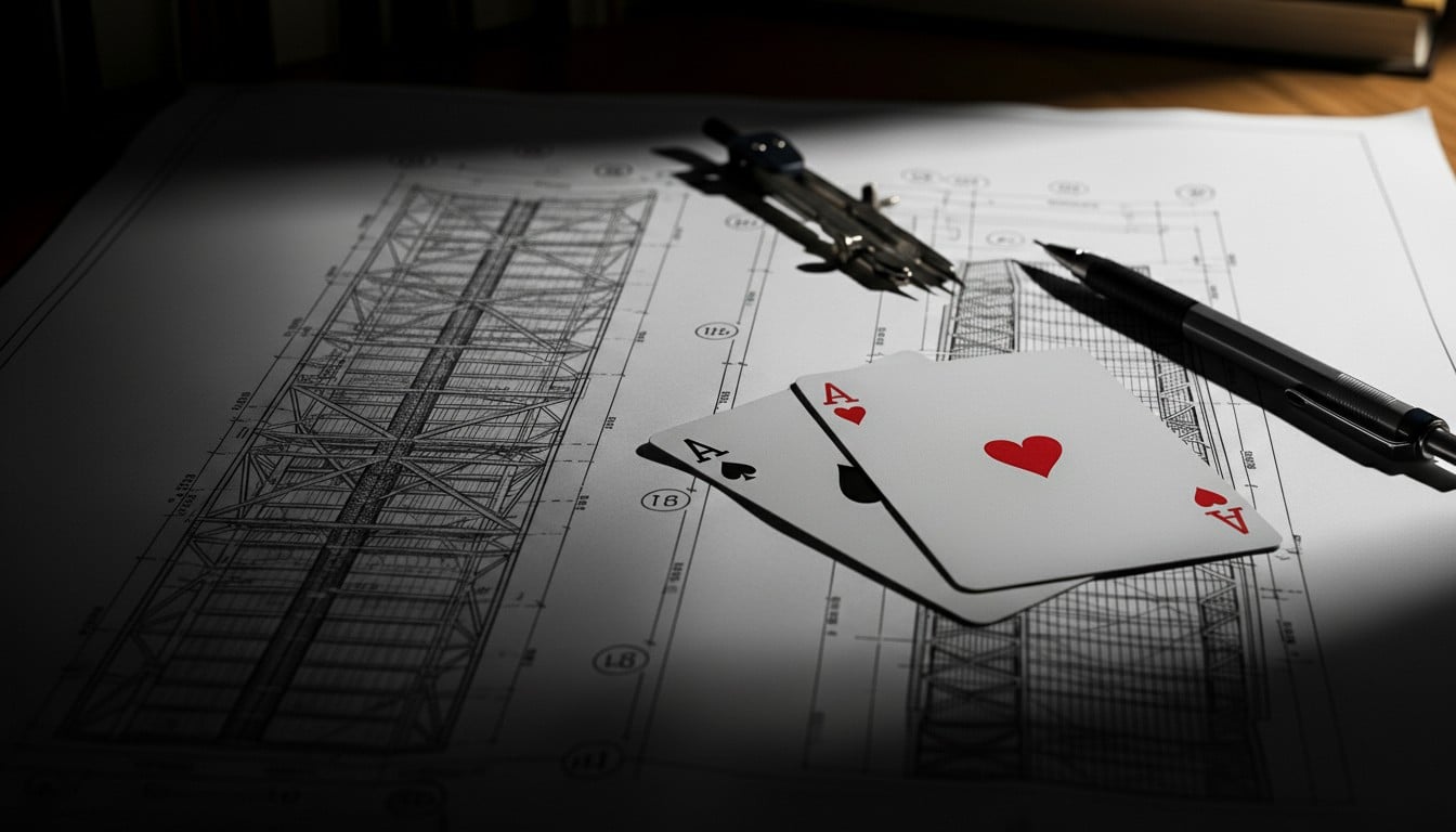 Dva asa položena na arhitektonski nacrt s priborom za crtanje, simbolizujući strateško i precizno planiranje u pokeru.