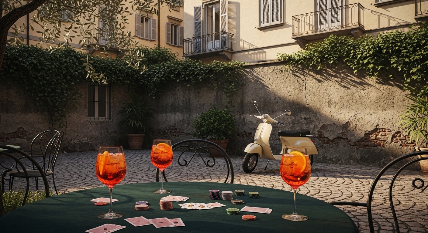Poker stolovi s kartama i žetonima na zelenoj površini, okružen čašama Aperol Spritza na sunčanom unutrašnjem dvorištu s Vespom u pozadini.