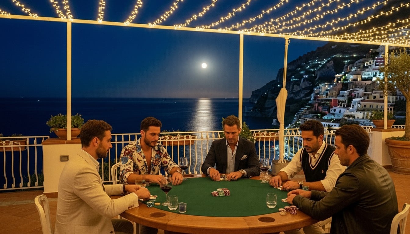 Pet muškaraca igra poker na terasi s pogledom na osvijetljenu obalnu pejzažu i punim mjesecom noću.