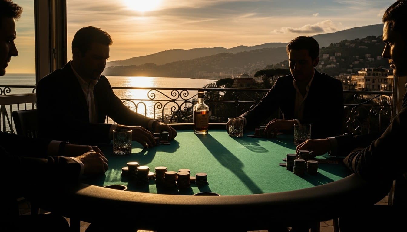 Trojica muškaraca u silueti igraju poker za okruglim stolom na balkonu s pogledom na zalazak sunca i more.